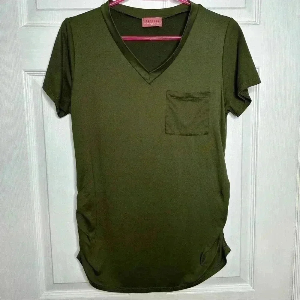 Ragdoll Maternity Shirt Front Pocket / v-Neck Green Size Medium